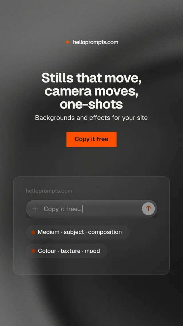 Instagram story for HelloPrompts: "Stills that move, camera moves, one-shots". Swiss style, centred layout, dark palette in grey, black.