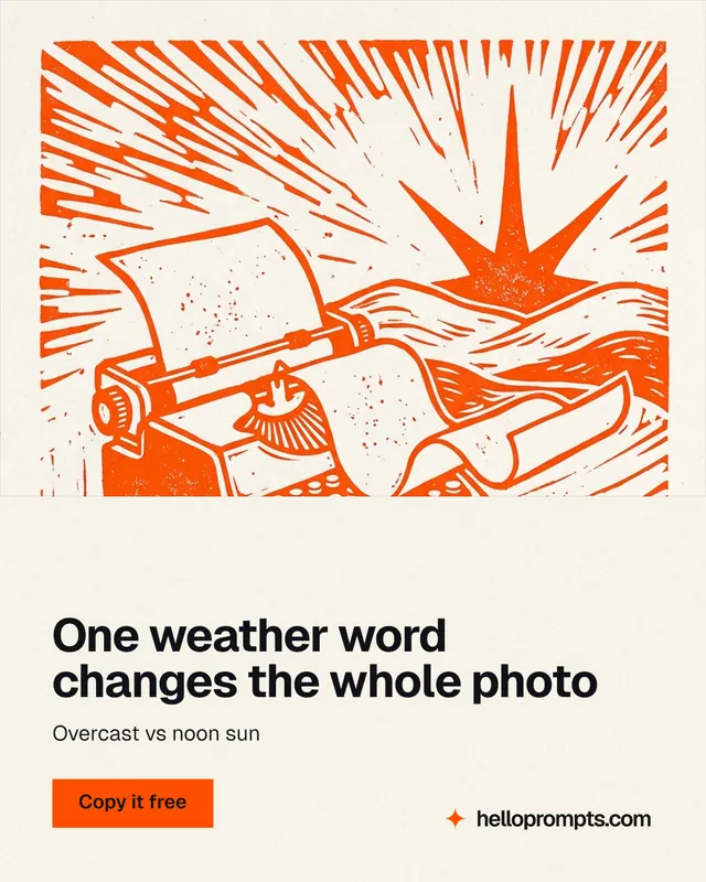 Instagram portrait post for HelloPrompts: "One weather word changes the whole photo". Swiss style, bottom layout, light palette in white, orange.