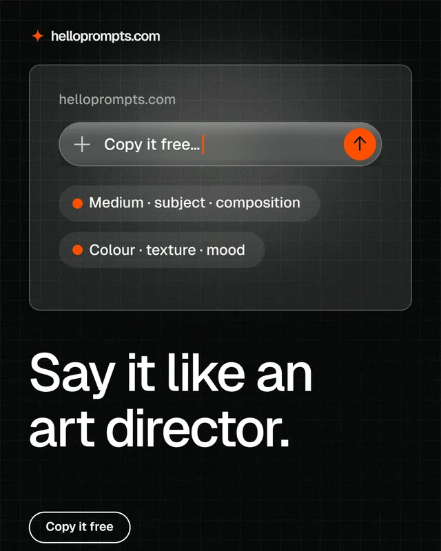 Instagram portrait post for HelloPrompts: "Say it like an art director." Phosphor atlas style, bottom layout, dark palette in black, grey.