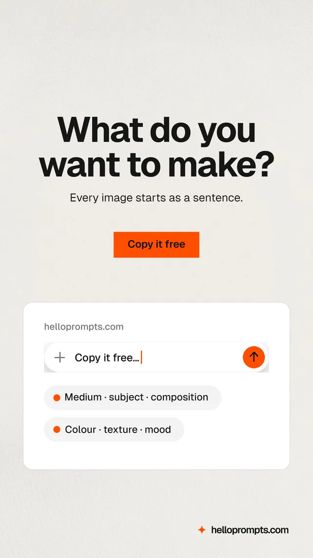Instagram story for HelloPrompts: "What do you want to make?" Swiss style, centred layout, light palette in white, grey.