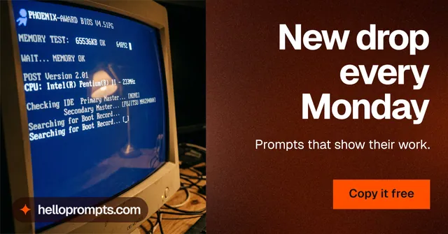 Social ad for HelloPrompts: "New drop every Monday". Swiss style, right layout, dark palette in red, blue, black.
