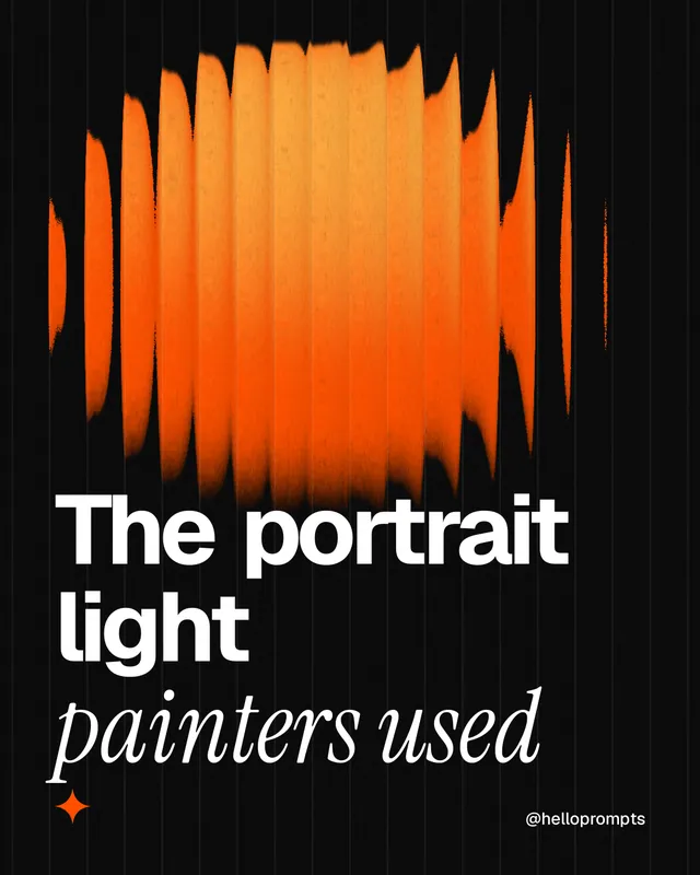 Instagram portrait post for HelloPrompts: "The portrait light painters used". Auto 4x5 style, technique:shader field layout, dark palette in black, orange.
