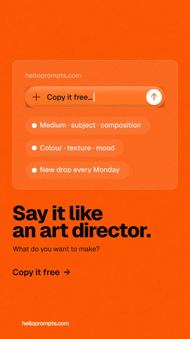 Instagram story for HelloPrompts: "Say it like an art director." Turn card style, bottom layout, light palette in orange.