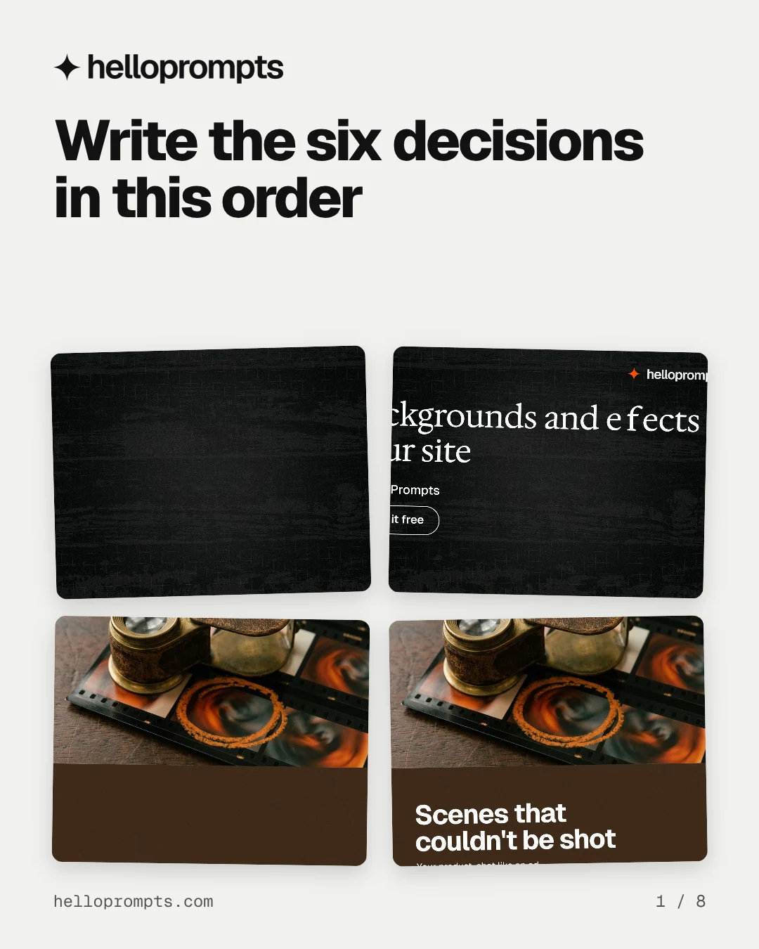 Carousel for HelloPrompts: "Write the six decisions in this order". Collection carousel, 8 slides, light palette.