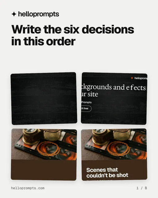 Carousel for HelloPrompts: "Write the six decisions in this order". Collection carousel, 8 slides, light palette.