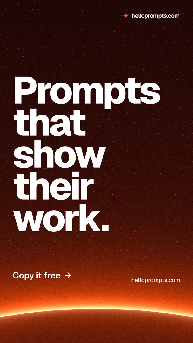 Instagram story for HelloPrompts: "Prompts that show their work." Turn card style, poster layout, dark palette in red, black, orange.
