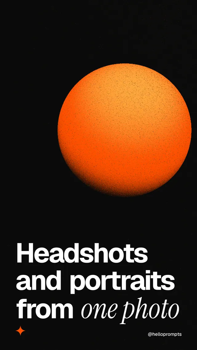 Instagram story for HelloPrompts: "Headshots and portraits from one photo". Auto 9x16 style, technique:shader field layout, dark palette in black, brown.