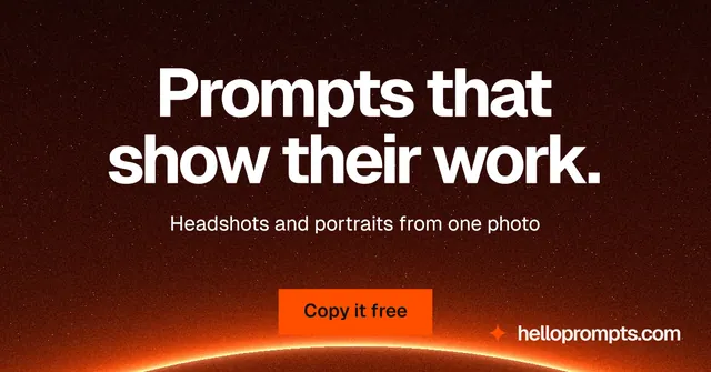 Social ad for HelloPrompts: "Prompts that show their work." Swiss style, centred layout, dark palette in red, black, orange.
