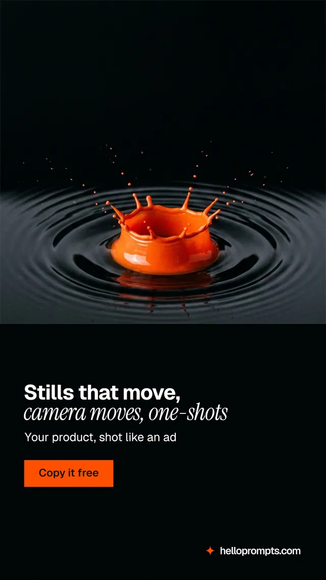 Instagram story for HelloPrompts: "Stills that move, camera moves, one-shots". Swiss style, bottom layout, dark palette in black.