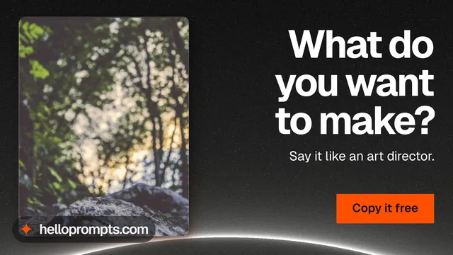 Landscape graphic for HelloPrompts: "What do you want to make?" Swiss style, right layout, dark palette in black, grey.