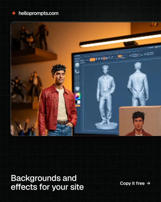 Instagram portrait post for HelloPrompts: "Backgrounds and effects for your site". Phosphor atlas style, image led layout, dark palette in black, grey.