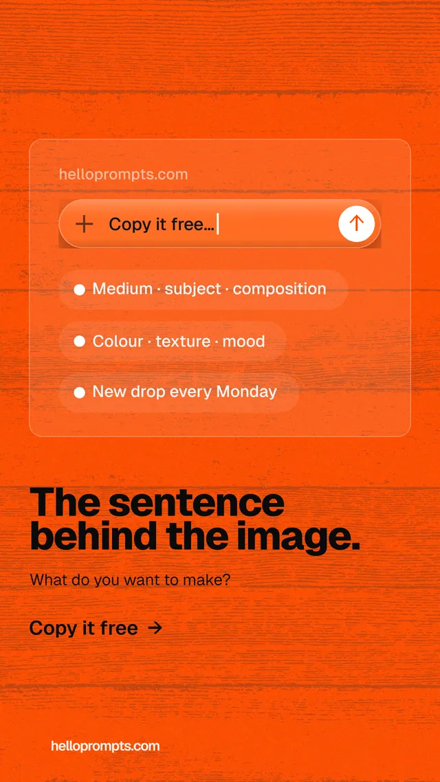 Instagram story for HelloPrompts: "The sentence behind the image." Turn card style, bottom layout, light palette in orange.