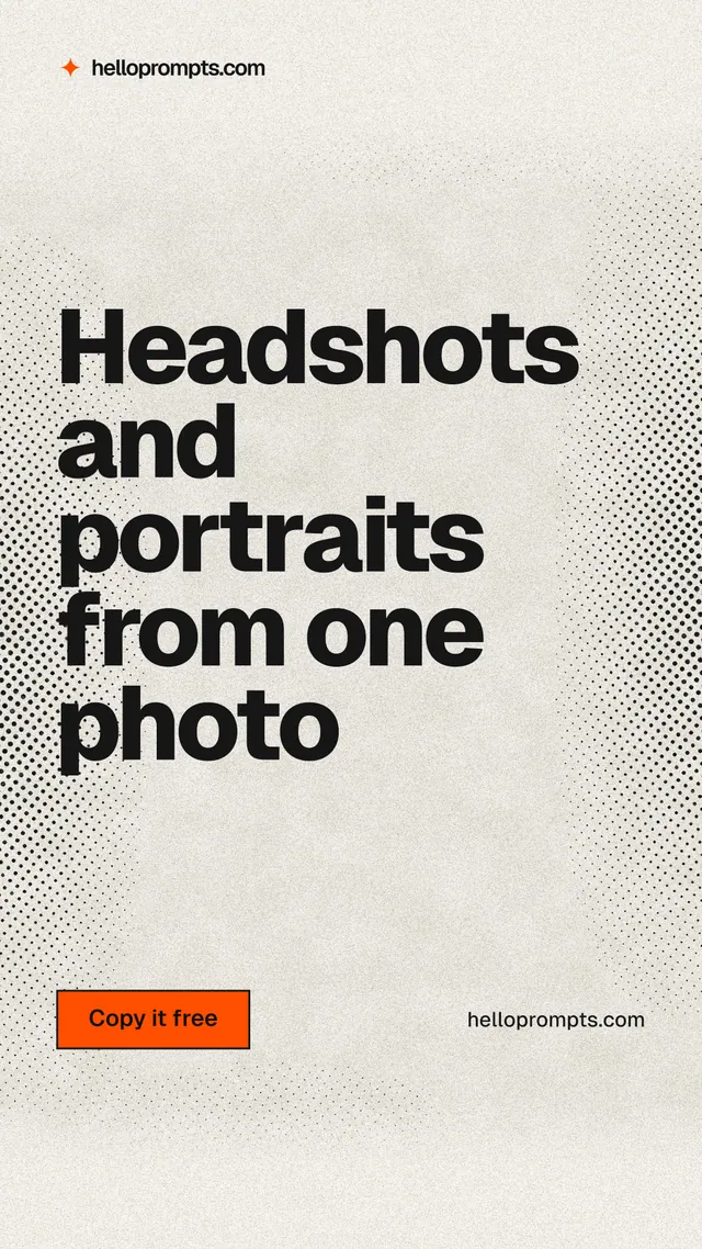 Instagram story for HelloPrompts: "Headshots and portraits from one photo". Ink sticker style, poster layout, light palette in white, yellow, grey.