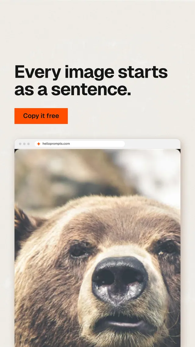 Instagram story for HelloPrompts: "Every image starts as a sentence." Swiss style, browser layout, light palette in yellow, grey, orange.