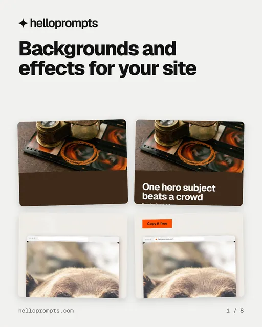 Carousel for HelloPrompts: "Backgrounds and effects for your site". Collection carousel, 8 slides, light palette.