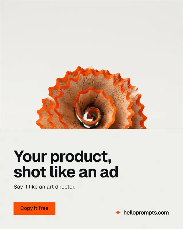 Instagram portrait post for HelloPrompts: "Your product, shot like an ad". Swiss style, bottom layout, light palette in white, brown.