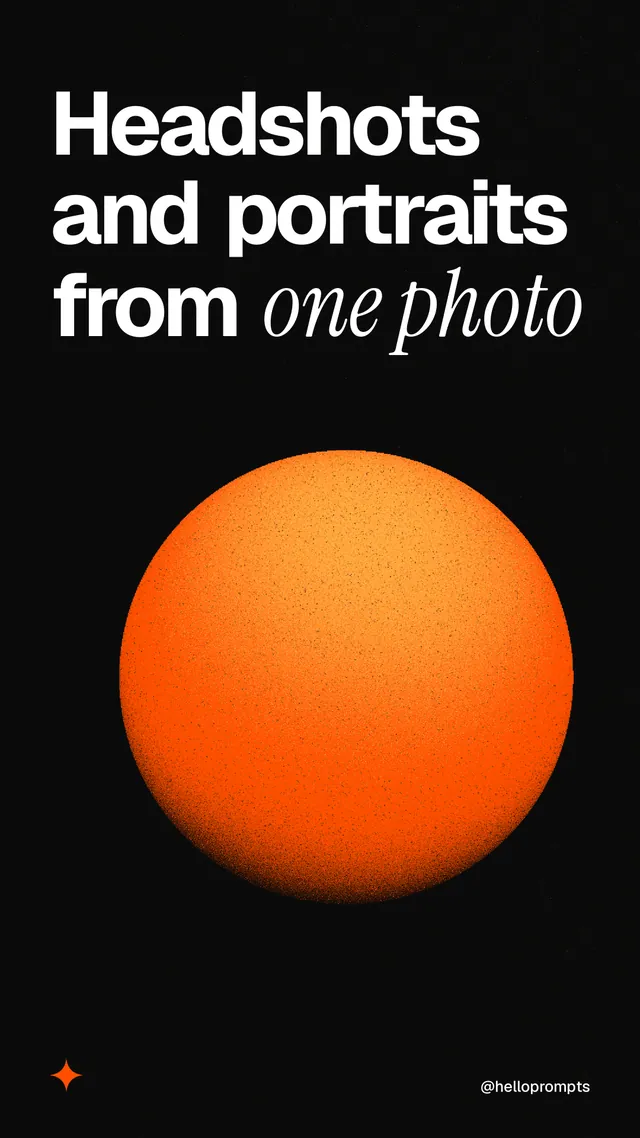 Instagram story for HelloPrompts: "Headshots and portraits from one photo". Auto 9x16 style, technique:shader field layout, dark palette in black, brown.