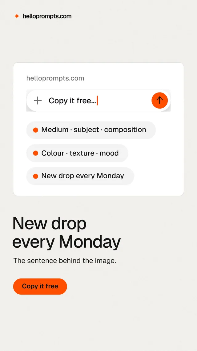 Instagram story for HelloPrompts: "New drop every Monday". Data card style, bottom layout, light palette in white, orange.
