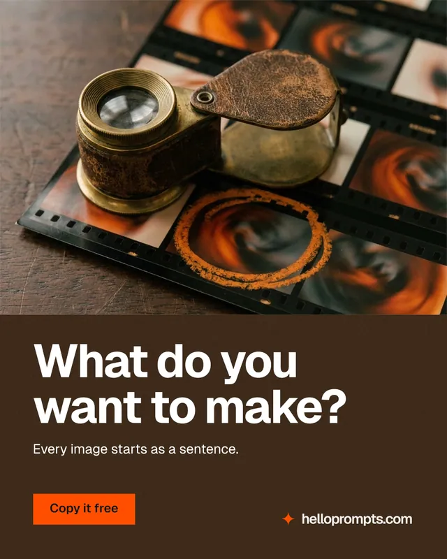 Instagram portrait post for HelloPrompts: "What do you want to make?" Swiss style, bottom layout, dark palette in orange, grey, black.