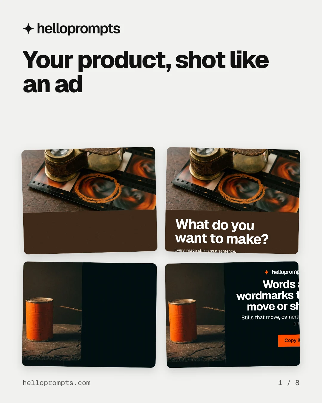 Carousel for HelloPrompts: "Your product, shot like an ad". Collection carousel, 8 slides, light palette.