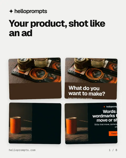 Carousel for HelloPrompts: "Your product, shot like an ad". Collection carousel, 8 slides, light palette.