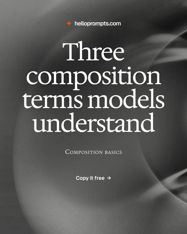 Instagram portrait post for HelloPrompts: "Three composition terms models understand". Swiss style, smallcaps layout, dark palette in grey, black.
