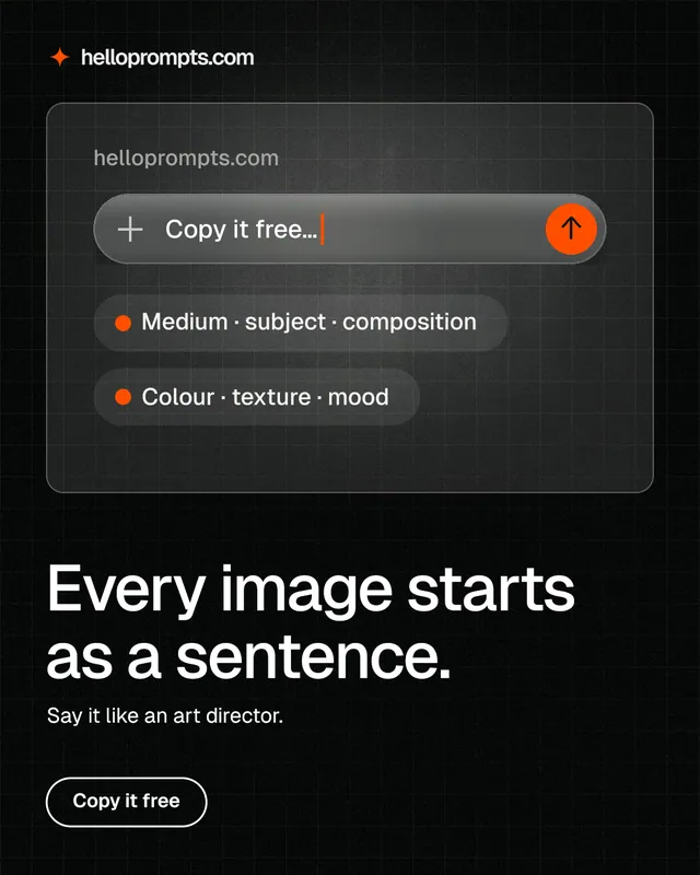 Instagram portrait post for HelloPrompts: "Every image starts as a sentence." Phosphor atlas style, bottom layout, dark palette in black, grey.
