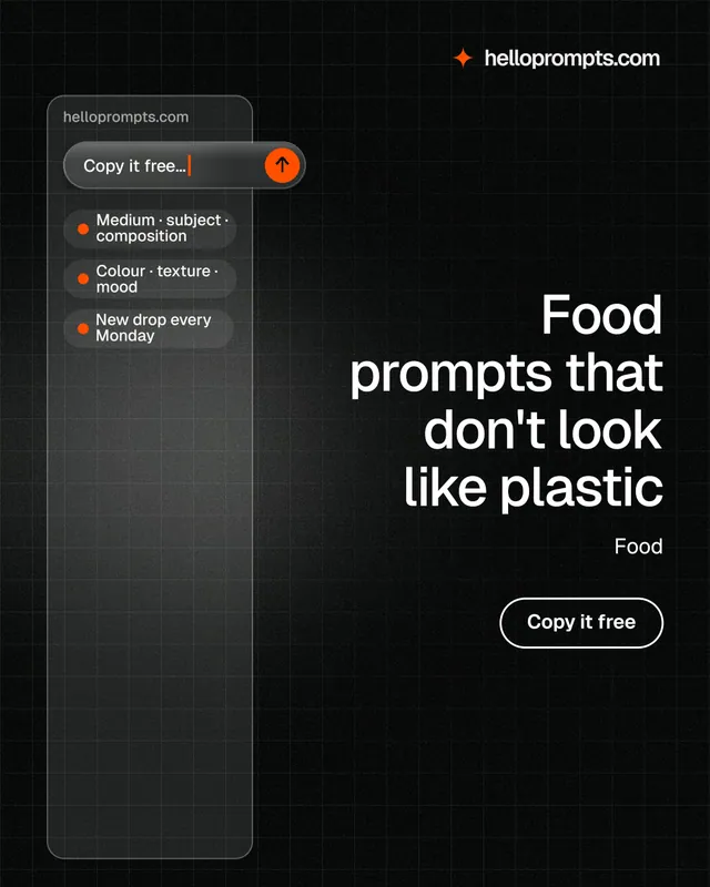 Instagram portrait post for HelloPrompts: "Food prompts that don't look like plastic". Phosphor atlas style, right layout, dark palette in black, grey.