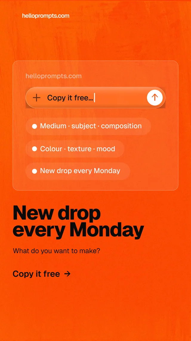 Instagram story for HelloPrompts: "New drop every Monday". Turn card style, bottom layout, light palette in orange.