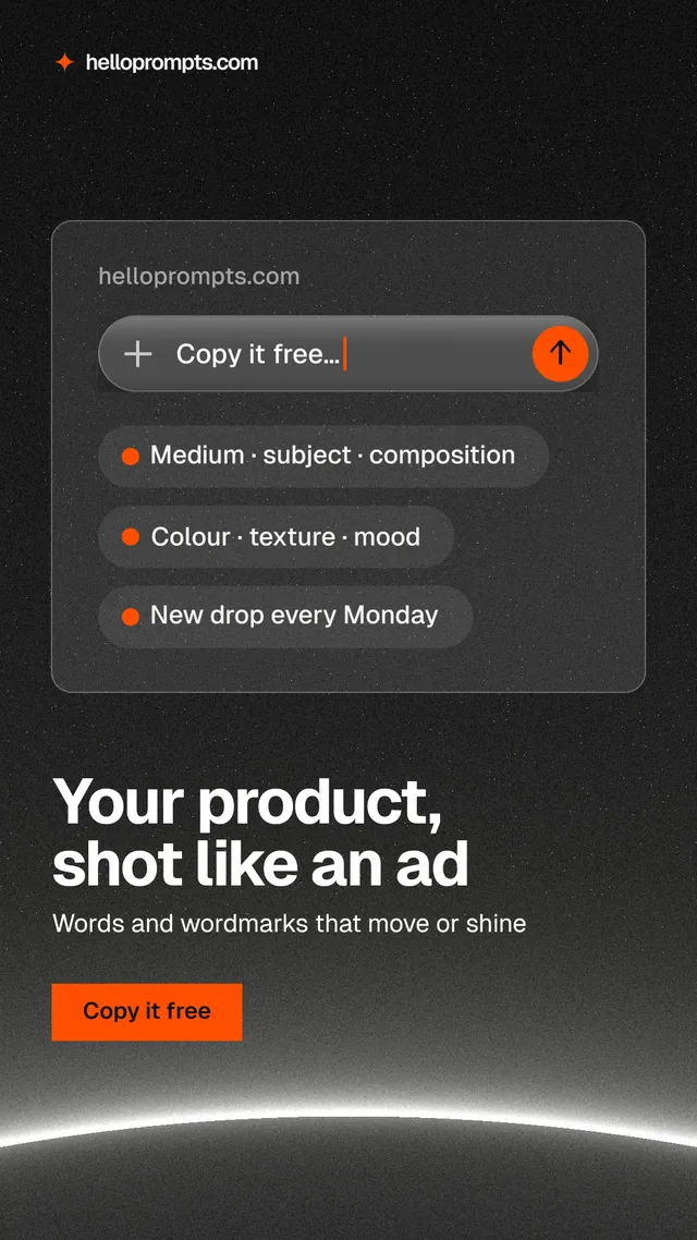 Instagram story for HelloPrompts: "Your product, shot like an ad". Swiss style, bottom layout, dark palette in black, grey.