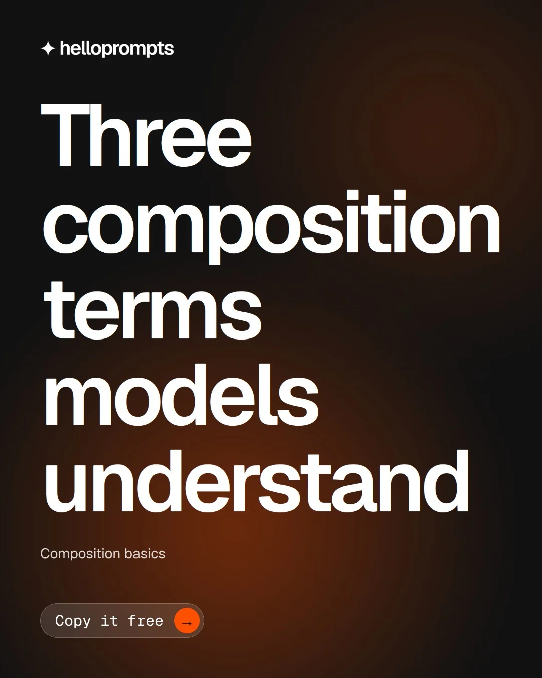 Video for HelloPrompts: "Three composition terms models understand". Doc motion loop, 8.0 s, dark palette.