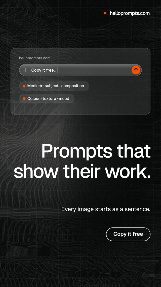 Instagram story for HelloPrompts: "Prompts that show their work." Phosphor atlas style, right layout, dark palette in black, grey.