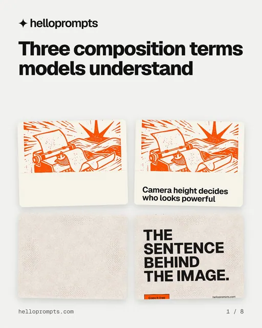 Carousel for HelloPrompts: "Three composition terms models understand". Collection carousel, 8 slides, light palette.
