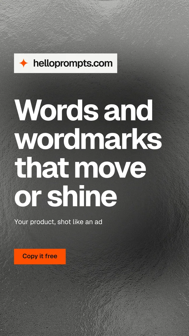 Instagram story for HelloPrompts: "Words and wordmarks that move or shine". Swiss style, announce layout, dark palette in grey, black.