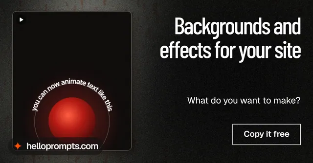 Social ad for HelloPrompts: "Backgrounds and effects for your site". Dark deco style, right layout, dark palette in black, grey.