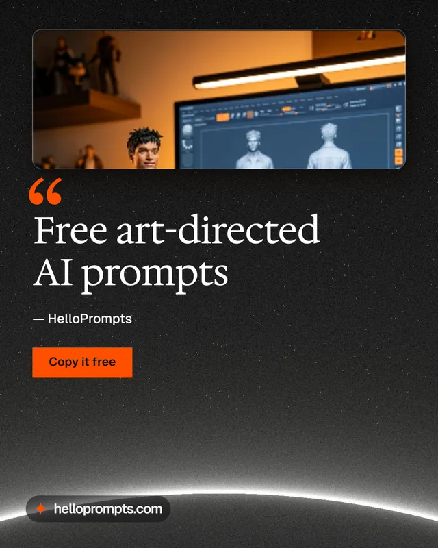 Instagram portrait post for HelloPrompts: "Free art-directed AI prompts". Swiss style, quote layout, dark palette in black, grey, orange.