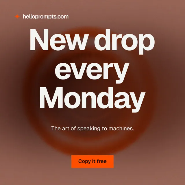 Instagram post for HelloPrompts: "New drop every Monday". Swiss style, centred layout, dark palette in red, grey.