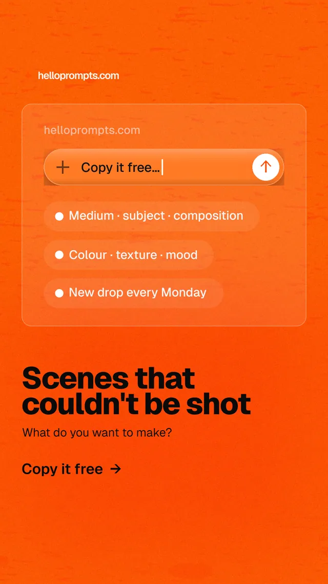 Instagram story for HelloPrompts: "Scenes that couldn't be shot". Turn card style, bottom layout, light palette in orange.
