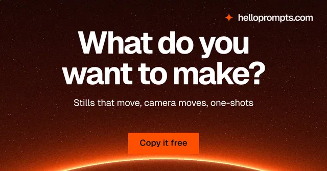 Social ad for HelloPrompts: "What do you want to make?" Swiss style, centred layout, dark palette in black, red, orange.