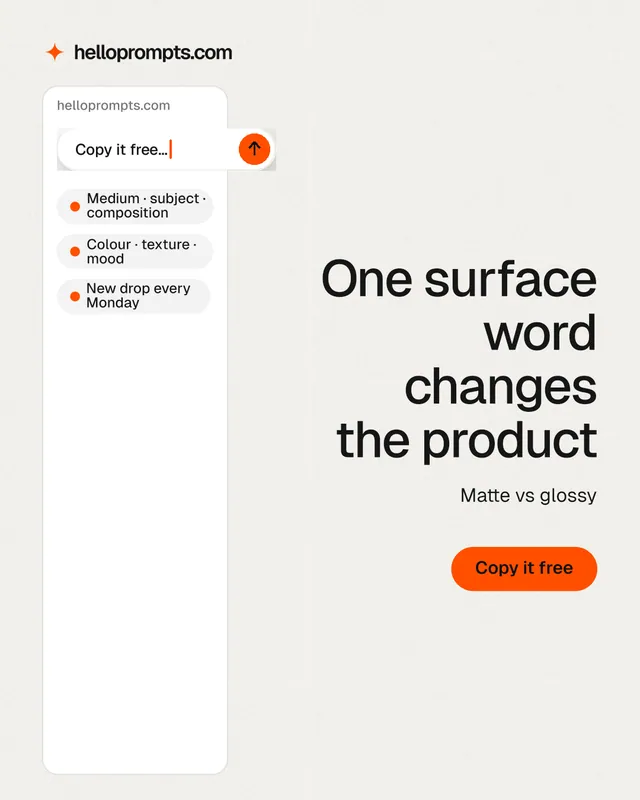 Instagram portrait post for HelloPrompts: "One surface word changes the product". Data card style, right layout, light palette in white, orange.