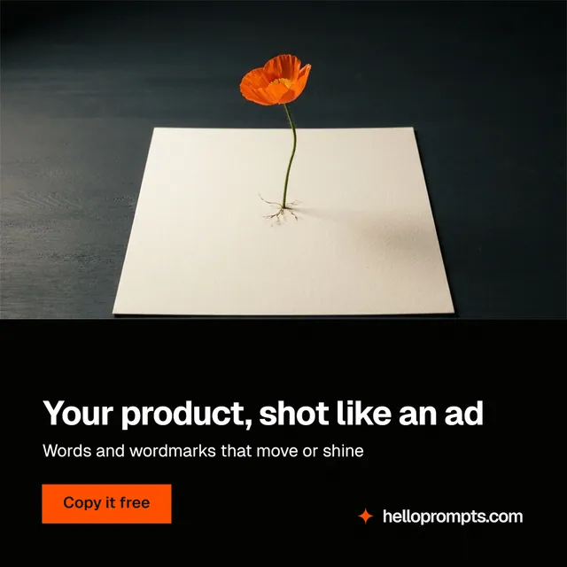 Instagram post for HelloPrompts: "Your product, shot like an ad". Swiss style, bottom layout, dark palette in black, orange, grey.
