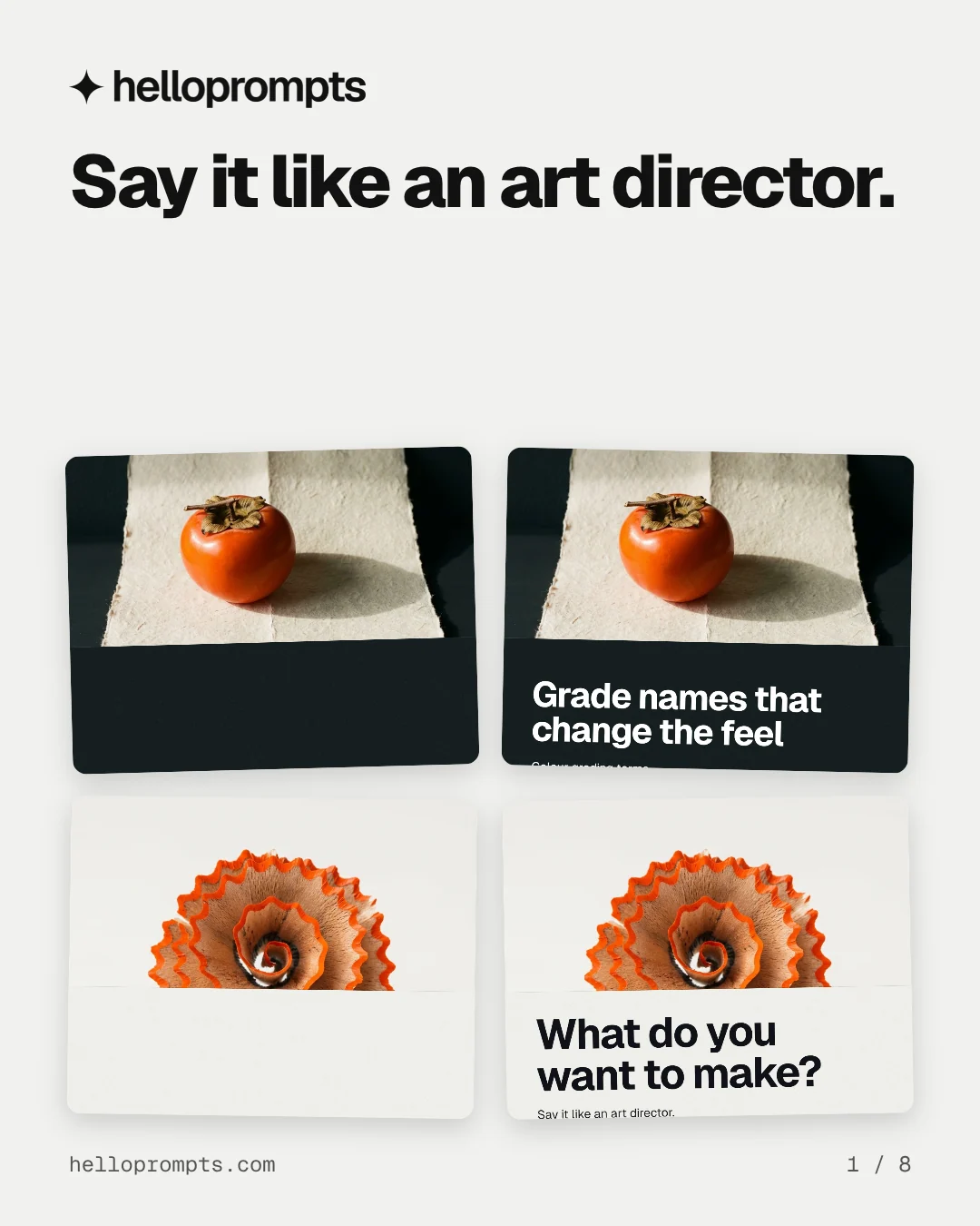 Carousel for HelloPrompts: "Say it like an art director.". Collection carousel, 8 slides, light palette.