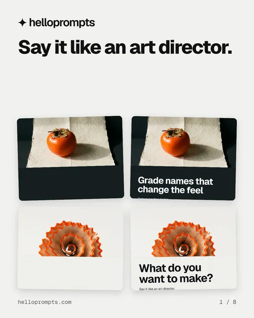 Carousel for HelloPrompts: "Say it like an art director.". Collection carousel, 8 slides, light palette.