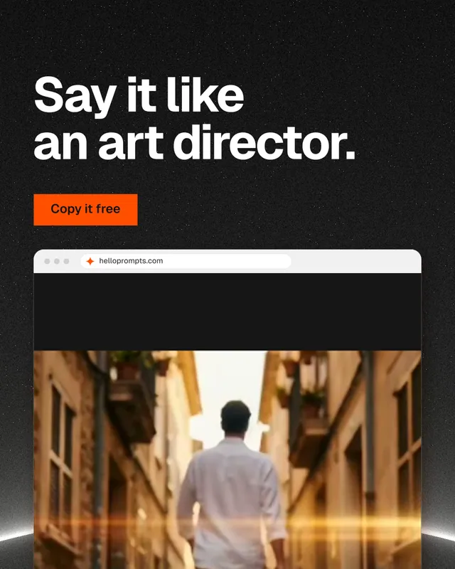 Instagram portrait post for HelloPrompts: "Say it like an art director." Swiss style, browser layout, dark palette in orange, black.