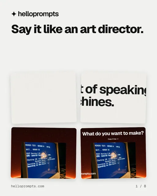 Carousel for HelloPrompts: "Say it like an art director.". Collection carousel, 8 slides, light palette.