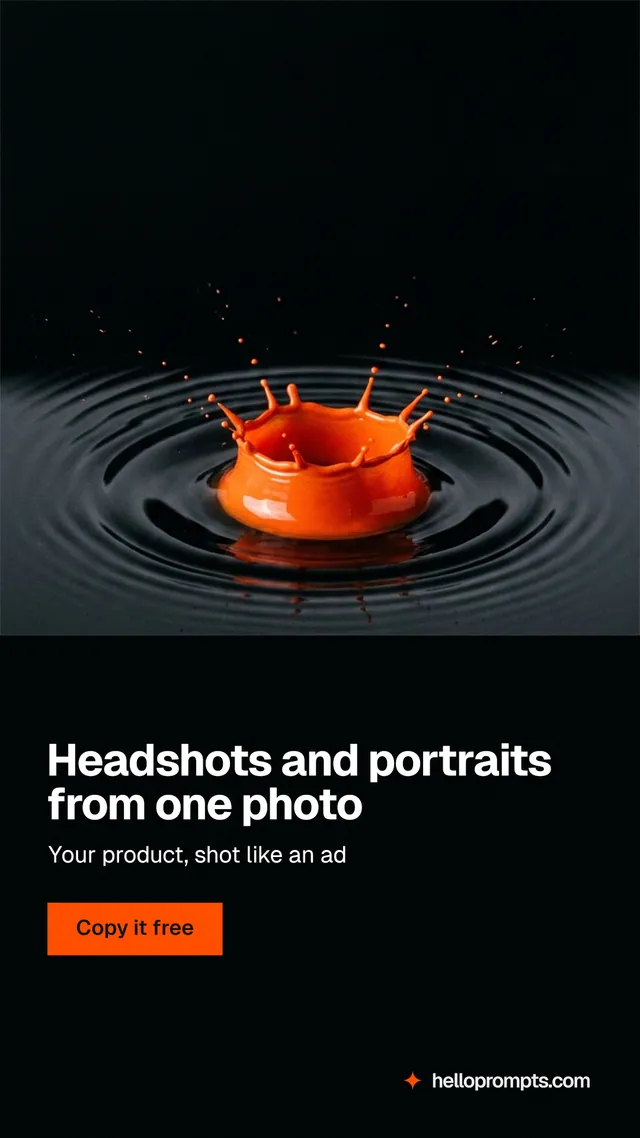 Instagram story for HelloPrompts: "Headshots and portraits from one photo". Swiss style, bottom layout, dark palette in black.