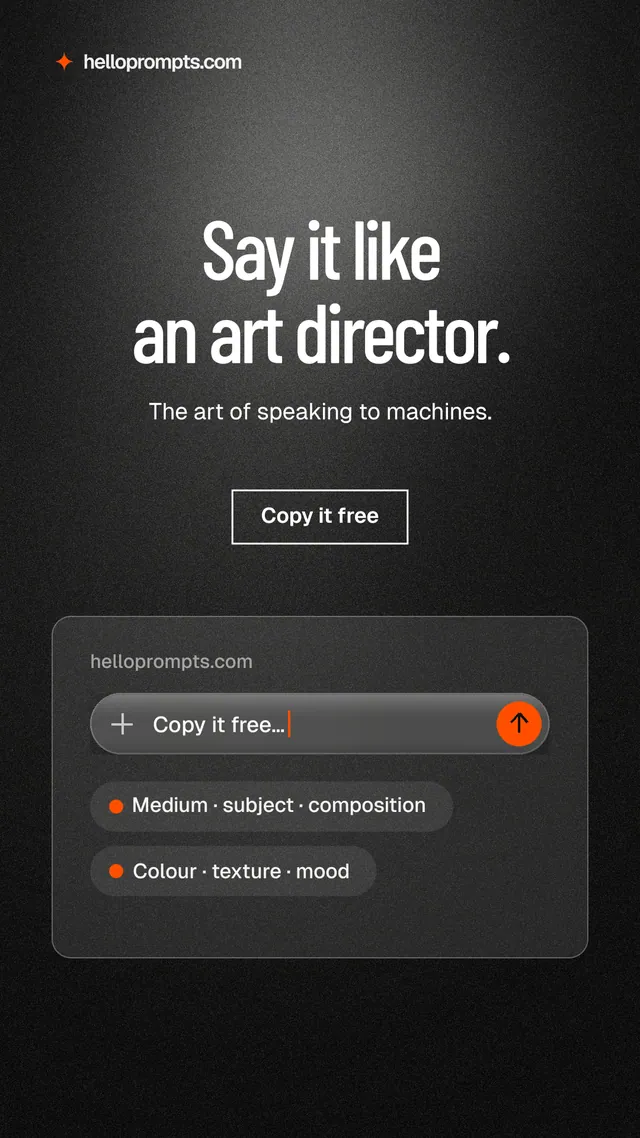 Instagram story for HelloPrompts: "Say it like an art director." Dark deco style, centred layout, dark palette in black, grey.