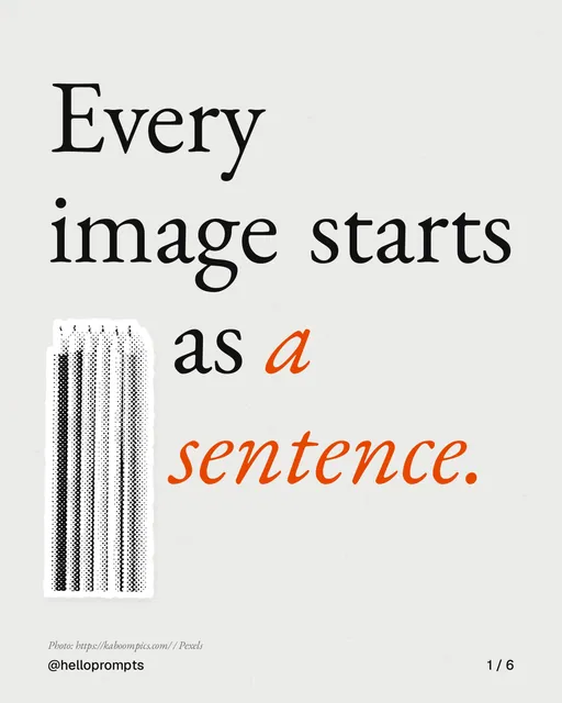 Carousel for HelloPrompts: "Every image starts as a sentence.". Cutout essay, 6 slides, light palette.
