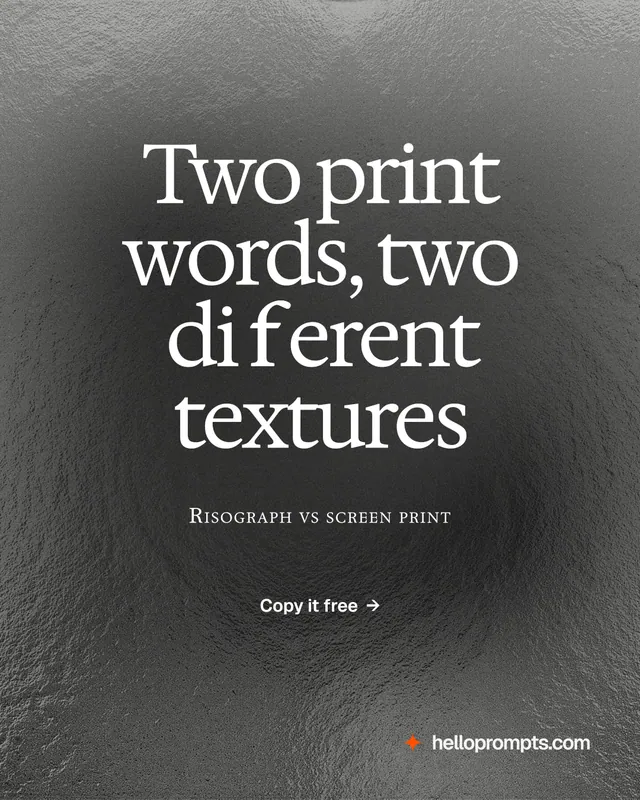 Instagram portrait post for HelloPrompts: "Two print words, two different textures". Swiss style, smallcaps layout, dark palette in grey, black.