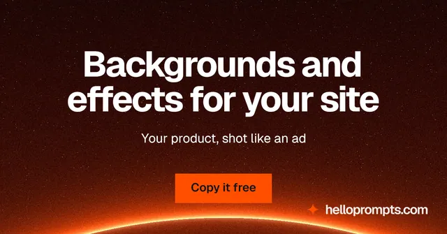 Social ad for HelloPrompts: "Backgrounds and effects for your site". Swiss style, centred layout, dark palette in black, red, orange.